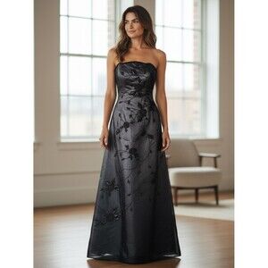 90s Jovani Strapless Black Floral Embroidered Gown